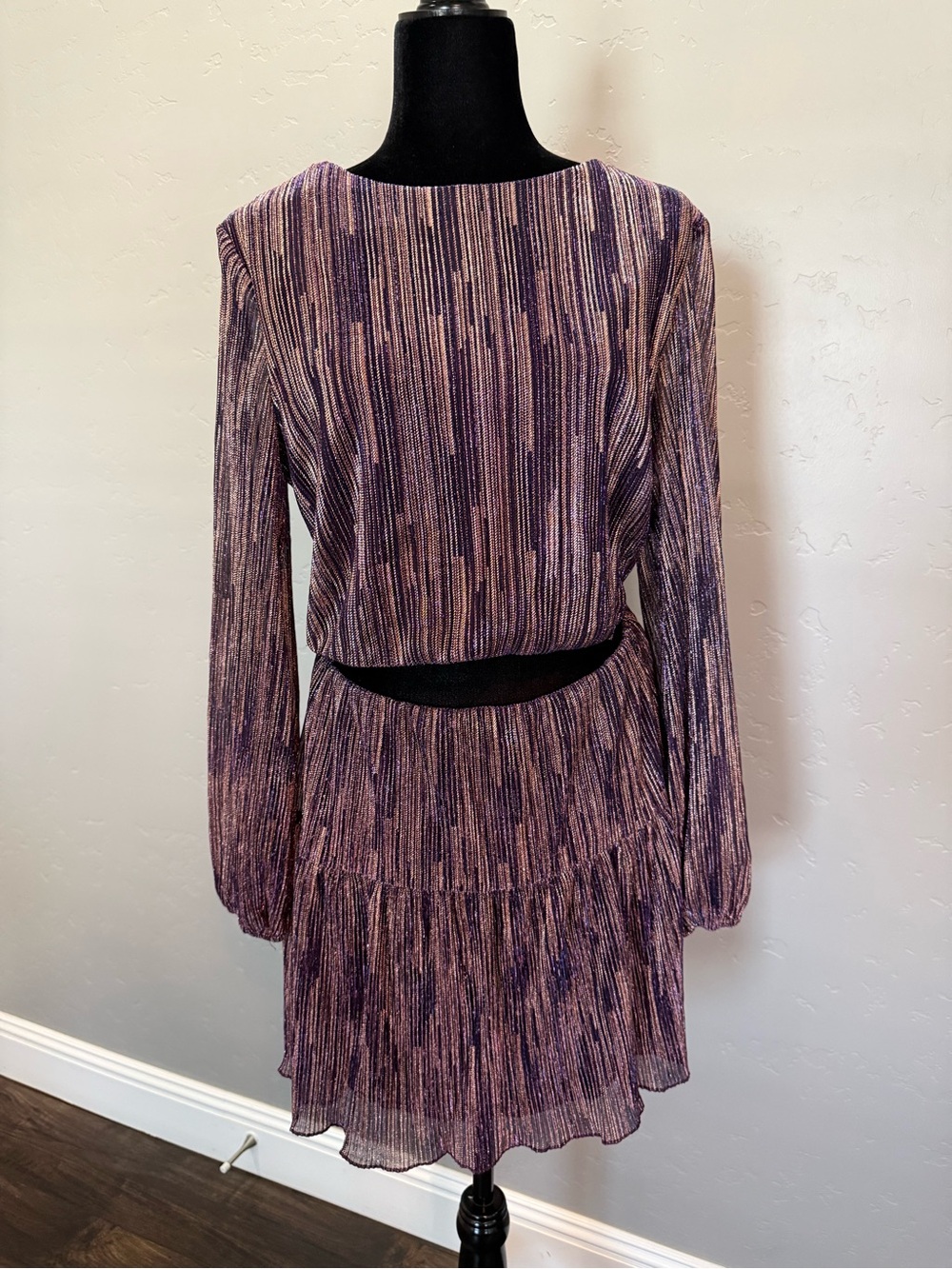 Macy's Purple and Gold Striped Long-Sleeve Pleated Dress (2-Piece)